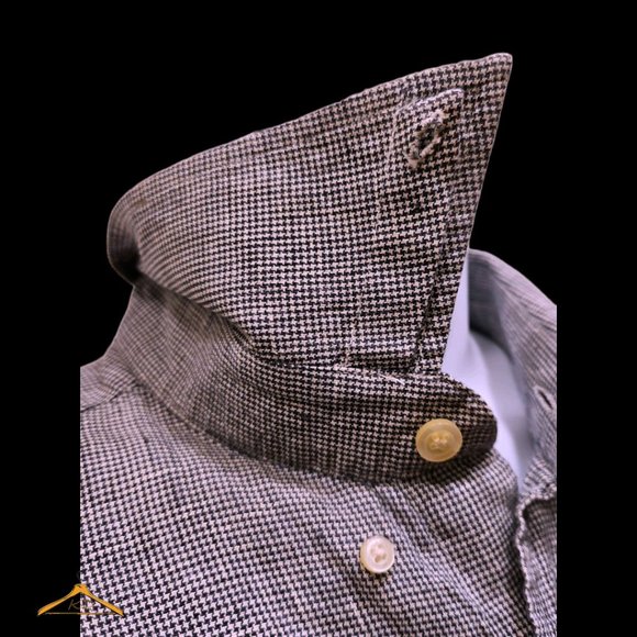 Orvis Linen Shirt XL, Blue Houndstooth, Short Sleeve, Hidden Button Down Collar - Picture 5 of 10